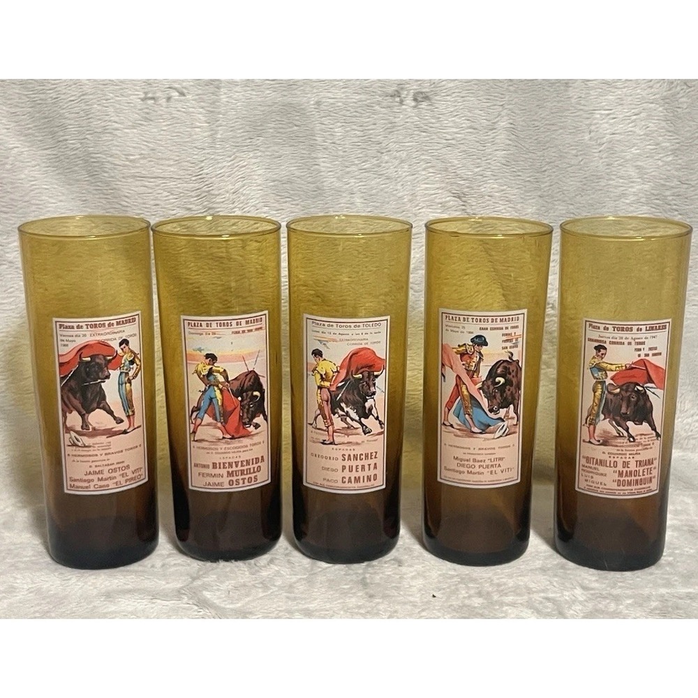 Plaza de Toros De Madrid Spanish Matador 7" Highball Amber Glass Tumblers Set 5